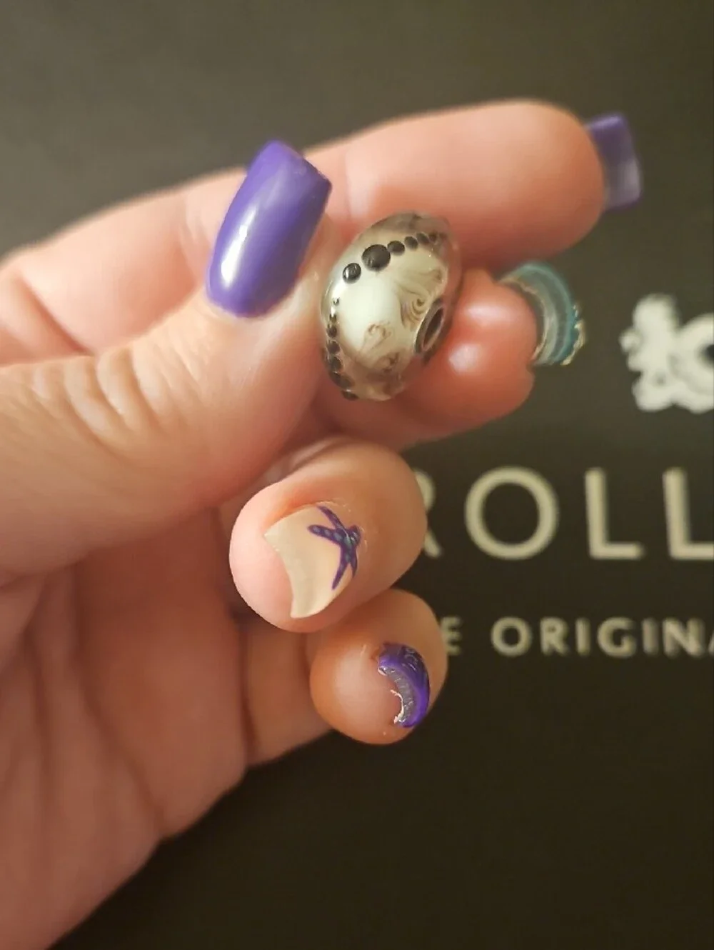 Trollbeads JUMBO glass purple and white Dragonfly Bead RARE
